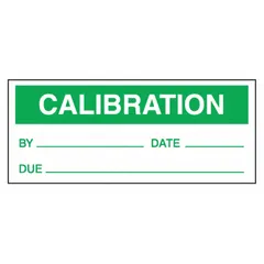 Green/white matte vinyl calibration label for marking equipment that has passed calibration. Measures 1-1/2 in wide by 5/8 in high. Supplied in a 25-pack with English text. Suitable for indoor use on instruments and machinery to indicate calibration status.