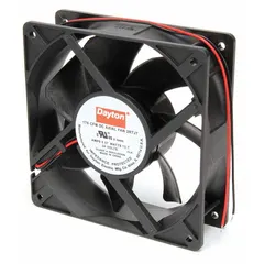 Standard square axial fan with polybutylene blade and polybutylene terephthalate housing. Delivers 170 cfm airflow at 0.000 in static pressure. Dimensions: 4 11/16 in height, 1 1/2 in depth. Includes lead wires; IP20 rating. Suitable for general ventilation, cooling electronic enclosures, and air circulation in indoor equipment.