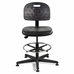 This armless drafting chair features an 18-inch wide seat and a black nylon frame. The plastic seat material and non-tilting back provide a stable seating option for drafting tables and workstations where unrestricted movement is required.