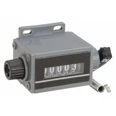 This mounted mechanical counter features a right-hand top coming (TC) shaft rotation and a 5-digit black and white display. It is designed for base mounting and is used for counting cycles, revolutions, or events in industrial machinery such as production lines and packaging equipment.