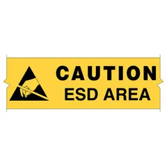 BRADY B-514 message floor marking tape, 4 in x 100 ft, 8 mil thick polyester backing with black/yellow hazard warning and black 'CAUTION ESD AREA' legend. Used to mark electrostatic discharge sensitive areas in industrial facilities, alerting personnel to follow ESD protocols.