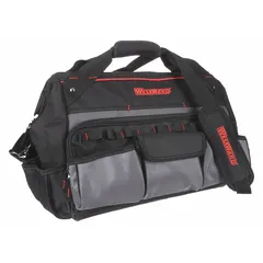 Polyester wide-mouth tool bag in black with 22 pockets for organizing hand tools, power tools, and accessories. Suitable for carrying and storing tools on job sites or in workshops.