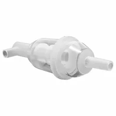 In-line fuel filter with nylon media material, 1 9/16 in outside diameter, and 4 5/16 in overall height. Designed for use in John Deere farm equipment fuel systems to remove contaminants.