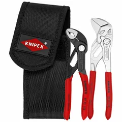 Tongue and groove pliers set with push-button adjustment for quick sizing. Max jaw opening ranges from 1 in to 1-1/4 in, overall length from 5 in to 6 in. Flat/V jaw profile provides secure grip on nuts, bolts, and pipes. Suitable for gripping and turning fasteners in maintenance, assembly, and plumbing tasks.