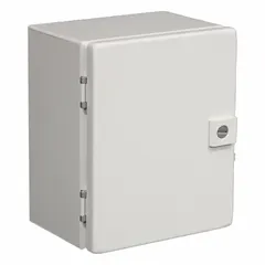 This RITTAL steel enclosure measures 250 mm x 200 mm x 100 mm and features a solid hinged cover secured by a 1/4-turn latch. The painted finish provides corrosion resistance. Typical applications include housing electrical components, control panels, junction boxes, and automation equipment in industrial environments.