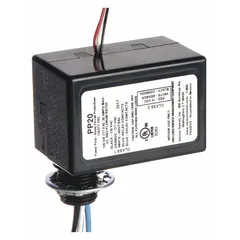 The SENSOR SWITCH PP20 is a hard-wired power and relay control unit that converts 120V AC input to 15V DC output. It is used in commercial lighting control systems to supply power to low voltage sensors for occupancy sensing and daylight harvesting applications.
