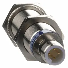 Shielded inductive cylindrical proximity sensor with built-in connector and 3 wires. Operates on 12-48V DC supply. Detects metallic objects without contact for position sensing, part detection, and machine control in industrial automation.