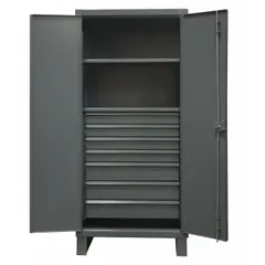 Stationary welded steel cabinet with gray powder coat finish, 12 ga panel thickness, legs, and swing handle with padlock hasp. Includes 2 adjustable shelves and drawers for organized storage of tools and supplies in workshops, warehouses, and factories.