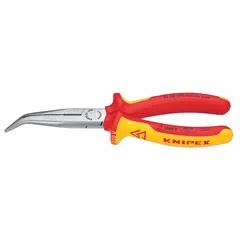 Serrated bent chain-nose pliers with 8 in overall length, 2 7/8 in jaw length, and 1 in max jaw opening. Insulated for protection against electric shock. Used for gripping, bending, and cutting wire in confined spaces.