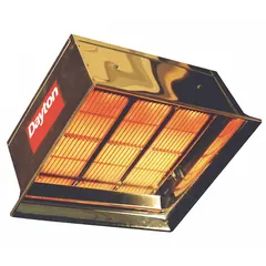 This suspended infrared flat panel gas ceiling heater is designed for indoor use only and operates on propane with a 90,000 BtuH heating capacity input. It requires a minimum mounting height of 16 to 18 ft and provides floor coverage of 20 ft x 20 ft. The unit measures 22-1/2 in x 26-5/8 in x 15-1/4 in and requires clearances to combustibles of 42 in (top), 98 in (below), and 48 in (sides). Typical applications include heating open areas such as warehouses, workshops, and loading bays.