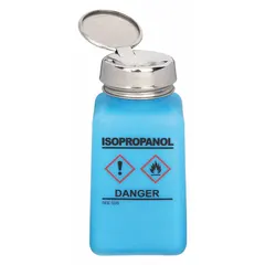 HDPE dispensing bottle with a capacity of 177.4 mL (6 fl oz). Includes a silver dropper closure for controlled dispensing. Non-sterile. Blue color. Suitable for dispensing isopropyl alcohol (IPA) in cleaning and laboratory applications.