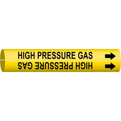 BRADY Pipe Marker: High Pressure Gas, Yellow, Black, Fits 2 1/2 to 3 7/8 in Pipe O.D. - High Pressure Gas Snap-On Pipe Markers
