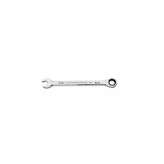 This SAE 12-point ratcheting combination wrench is constructed from alloy steel with a full polish chrome finish. The 9/16 in head size and standard length make it suitable for tightening or loosening fasteners in automotive repair, industrial maintenance, and mechanical assembly. The ratcheting box end allows faster work without repositioning the wrench on the fastener.