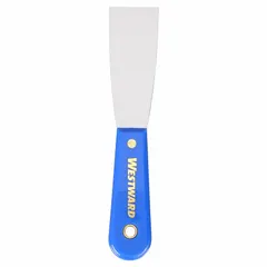 This standard scraper features a carbon steel blade with a stiff, tapered shape for effective scraping on flat surfaces. The plastic handle provides a secure grip. Commonly used for removing paint, adhesive, rust, and debris from concrete, wood, and metal substrates in maintenance, construction, and metalworking tasks.