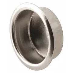 This round recessed handle is designed for tray applications in cabinets, drawers, or enclosures. Made of brass with a satin nickel finish, it features snap-in mounting for a flush, low-profile grip without exposed fasteners. Sold as a 4-pack.