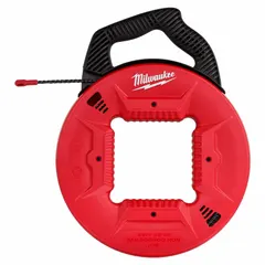 This non-conductive fish tape features a 50 ft spiral-shaped polyester tape for navigating conduit bends. Manual wind retraction with an internal rotating winder slide allows controlled rewinding. The 13 in case diameter provides storage and handling. Used for pulling wires through conduit and walls in electrical installations.