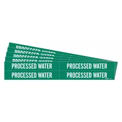 Green adhesive pipe marker with white 'Process Water' legend, designed for pipes with outer diameter from 3/4 to 2-3/8 inches. Each pack contains 4 markers without arrows, supplied in a 5-pack. Used to identify pipes carrying process water in industrial facilities, aiding in compliance with pipe-labeling standards.