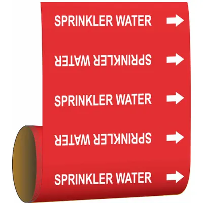 BRADY Pipe Marker: Sprinkler Water, Red, White, Fits 2 1/2 to 6 in Pipe O.D. - Sprinkler Water Adhesive Pipe Markers