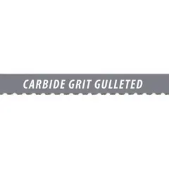 Gulleted-edge band saw blade with carbide grit for cutting abrasive materials such as cast iron, ceramic, fiberglass, and masonry. 10 ft length, 1/2 in width. Suitable for industrial fabrication, construction, and maintenance applications.