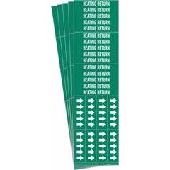 Green background pipe markers with white 'Heating Return' legend and directional arrows. Each marker fits pipe outer diameters of 3/4 inch and smaller. Sold in a pack of 5, each containing 3 individual markers. Used to identify heating return lines in piping systems.