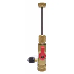 This valve core remover is used for removing and installing valve cores in refrigeration systems during vacuum pump applications. It features a brass body with stainless steel components and includes an extractor rod. The 5/16 in female UNF right-hand connection allows attachment to standard service ports.