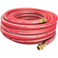 This coupled assembly hot water garden hose features a 5/8 in inside diameter and 100 ft length, terminated with 5/8 in MGHT and FGHT brass fittings. Constructed from red EPDM, it operates in a temperature range of -40° to 190°F, suitable for transferring hot water in wash-down or process applications