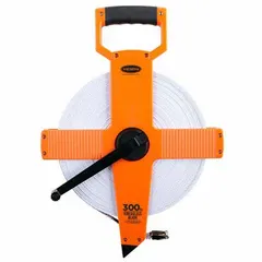 Manual open-reel long tape measure with a 300 ft / 100 m fiberglass blade. Double-sided blade features 1/100 ft graduations and a nonmagnetic double hook end. Plastic case. Used for measuring long distances in construction, surveying, and industrial layout work.