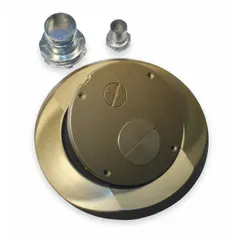 This round brass electrical floor box cover has a smooth gold finish. It measures 8 inches in diameter by 9/16 inches in height. Used as a flush-mount cover for compatible floor boxes in commercial or industrial settings, it protects wiring outlets while maintaining a low-profile appearance.