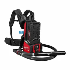 This cordless concrete vibrator operates on a 72V DC power system and features a backpack design for portability. It has a 7 ft shaft length, 1-3/4 in diameter head, and a 9-7/10 in radius, suitable for consolidating concrete in construction applications to remove air pockets and ensure dense pours.
