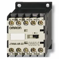 Surface-mounted relay socket from the J7KNA-AR series with a square base type. Rated for DC loads up to 2.00 A at 60V and designed for 24V DC coil operation. Used in industrial control panels and automation systems for switching DC loads.