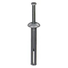Mushroom-type nail drive anchor for fastening fixtures, conduit straps, and light-duty equipment to concrete, block, or brick. Made of zamac alloy with zinc-plated finish. 1/4 in diameter, 1 in overall length. 100-pack.