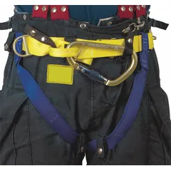 This GEMTOR Class II harness is constructed with nylon webbing and aluminum hardware, featuring a yellow finish and pass-through leg strap buckles. It has no back, front, or side D-rings. Compliant with NFPA 1893, it is suitable for industrial rescue and confined-space operations where a back D-ring is not required.