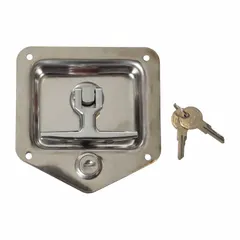 This stainless steel T-handle lock is designed for standard-size latches on truck storage compartments such as toolboxes and utility boxes. It includes two keys, two brackets, and four washers for installation. Overall height is 4-7/8 inches, width is 4-1/2 inches.