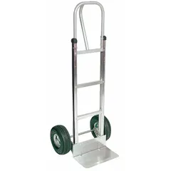 Single-loop hand truck with a silver aluminum frame that resists corrosion. Pneumatic tires provide shock absorption on uneven surfaces. Handle height is 51 inches. Suitable for moving loads in industrial, warehouse, or commercial environments where moisture or chemicals may be present.