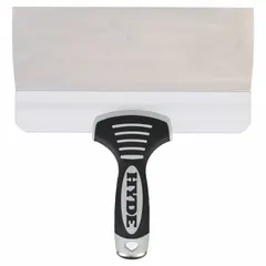 This corrosion-resistant spreading tool features a straight stainless steel blade and a plastic handle. It is used for applying joint compound, spackle, or adhesive during drywall finishing and surface preparation. The stainless steel blade resists rust, making it suitable for humid environments and repeated cleaning.