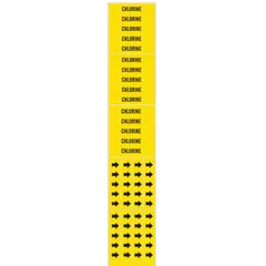 Yellow adhesive pipe marker with black legend reading 'Chlorine'. Fits pipe outer diameter of 3/4 inch and smaller. Set includes 3 markers without arrows. Used for identifying chlorine piping in industrial facilities to support safety labeling.