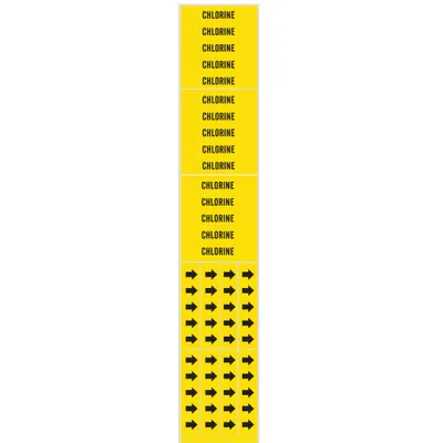 BRADY Pipe Marker: Chlorine, Yellow, Black, Fits 3/4 in and Smaller Pipe O.D. - Chlorine Adhesive Pipe Markers