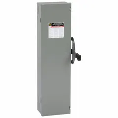 This SQUARE D fusible safety switch is rated 100 A, three-phase, 240V AC, with a galvanized steel enclosure for indoor use. It serves as a disconnecting means and provides overcurrent protection for electrical circuits. Typical applications include motor control centers, lighting panels, and machinery isolation in industrial and commercial settings.