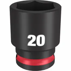 This 3/8" drive impact socket features a 20 mm metric hex size with a 6-point configuration for secure engagement on fasteners. The black phosphate finish provides corrosion resistance. Suitable for use with impact tools in automotive, construction, and industrial maintenance applications.