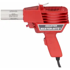 This heat gun kit operates on 115V AC with a 4.5 A current and a three-prong plug. It includes one bare tool, one attachment, and one stand. Suitable for shrink-wrapping, paint stripping, thawing frozen pipes, and bending plastics in maintenance, repair, and construction tasks.