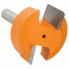 Carbide-tipped router bit with 1-1/4 in cutter diameter for cutting hinge mortise profiles. Used in woodworking to create precise recesses for cabinet hinges, enabling flush installation in furniture and cabinet manufacturing.