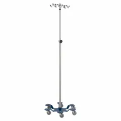 This BLICKMAN standard IV pole is constructed from stainless steel for corrosion resistance and easy cleaning. It features 8 hooks for supporting multiple IV bags and a stable base with 6 legs. Commonly used in healthcare settings for intravenous fluid administration.