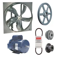Unassembled belt-drive panel exhaust fan with drive package. Features a 48-inch blade, 3 hp motor, and 32,605 cfm airflow at 115/208-230V AC, single phase. Zinc-plated steel frame with totally enclosed fan-cooled motor and Class F insulation. Suitable for high-volume industrial ventilation applications.