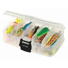 PLANO MOLDING Compartment Box: 6 1/4 in x 3 7/8 in x 2 in, Clear, 20 Compartments, 10 Adj Dividers (MPN 344922). Key specifications — ESD Conductive: Not Electrostatic Discharge Conductive; Color: Clear; Brand: PLANO MOLDING; Material: Plastic.