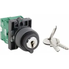 This panel-mounted key switch features a 3-position selector with maintained action in all positions and a 2NO contact form. It is designed for 22 mm panel mounting and allows key removal only in the center position. Typical applications include industrial control circuits requiring operator authentication, such as machine start/stop sequences or mode selection.