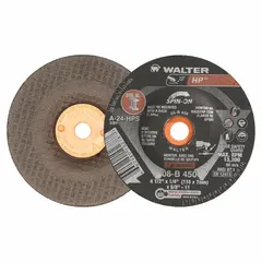 General purpose Type 27 depressed center grinding wheel for carbon and stainless steel. Measures 4-1/2" diameter by 1/4" thickness with a 5/8"-11 threaded arbor. Suitable for metal fabrication, weld preparation, and maintenance tasks requiring material removal and surface blending.