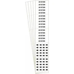 White adhesive pipe markers with black legend text reading 'Air Return' and directional arrows. Each marker fits pipe outer diameters of 3/4 inch and smaller. Sold in a pack of 3 markers, with 5 packs per order. Used to identify air return lines in HVAC and industrial piping systems for clear visual indication.