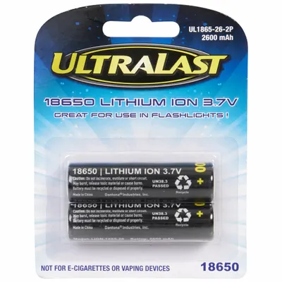 ULTRALAST 18650 Rechargeable Battery, Lithium Ion, 3.7V DC, 2-Pack