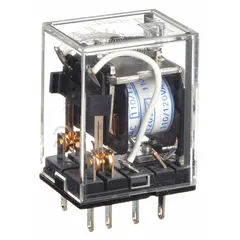 Plug-in relay with square base and flat pins. DPDT contact configuration rated 5 A at 120V AC. Operating current 2 A at 24V DC for inductive loads. Quick-connect terminals, 8 pins. Used for switching in control panels and automation systems.
