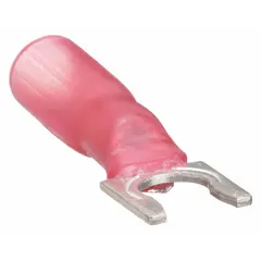 Insulated fork terminal with heat shrink, part of the 3M TH Series. Features a locking fork design for #6 studs, accepts 18 AWG wire, and includes a strain relief barrel. Rated for 1000V. Suitable for secure electrical connections requiring environmental protection.